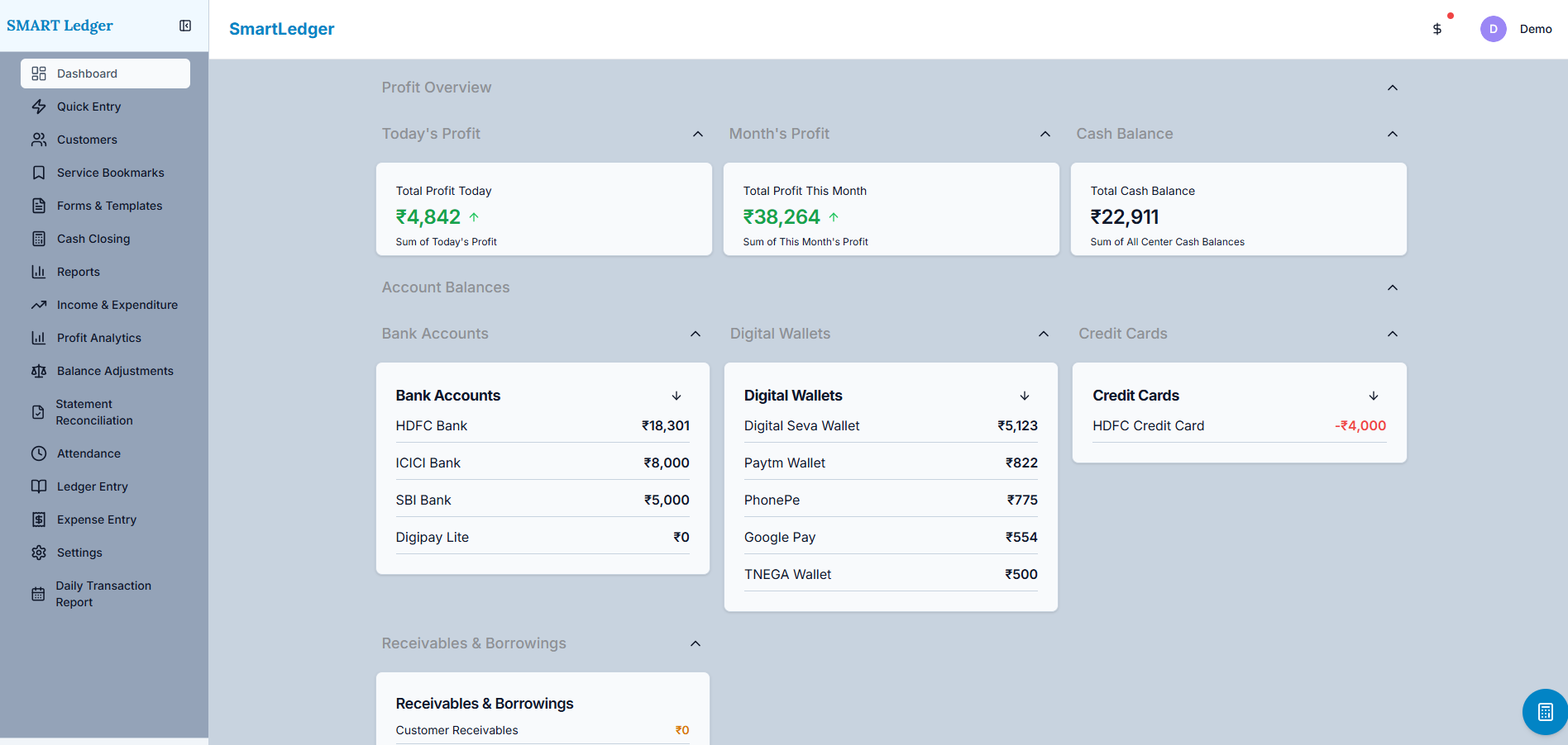 Smart Ledger dashboard showing today's profit, cash balance and account balances